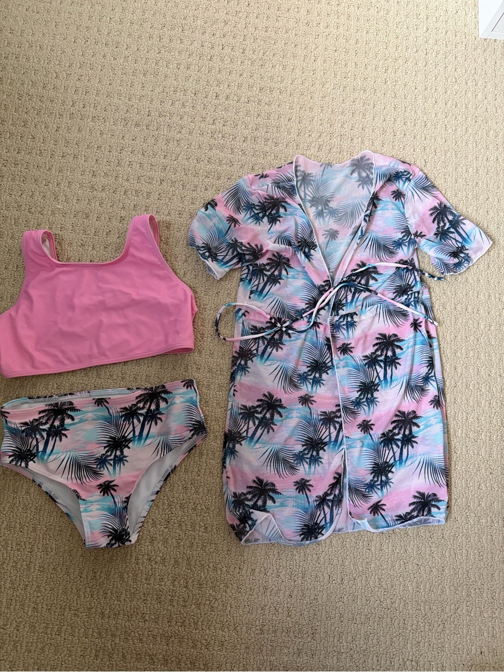 3-Piece Palm Print Swim Set with Pink Top
